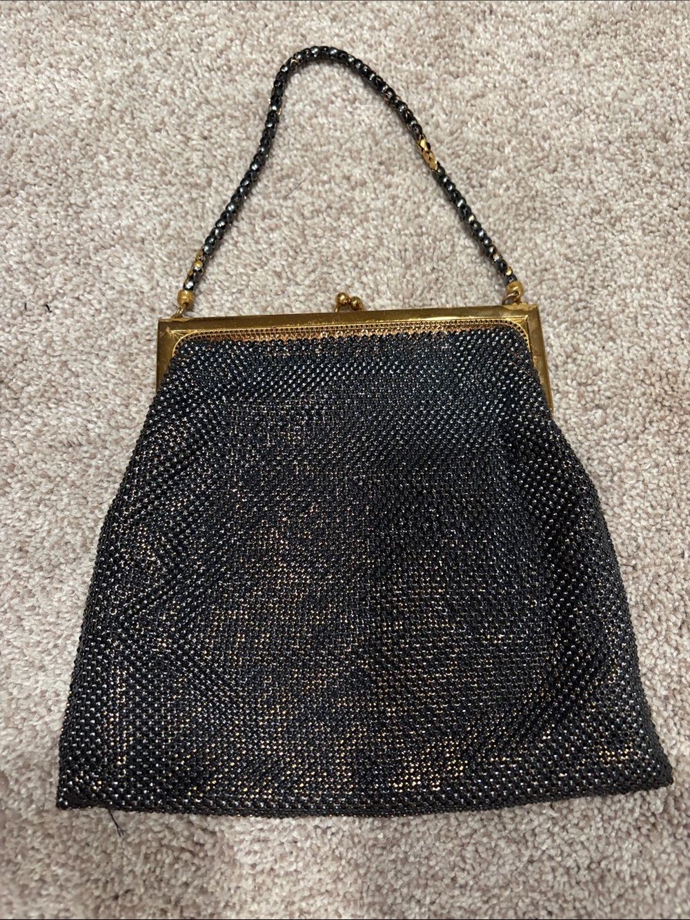 Vintage Whiting & Davis Metal Mesh Black Gold Evening Bag Copper Satin Lining